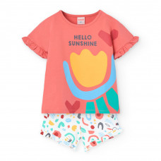 Boboli Розова памучна пижама с къс ръкав Момиче
